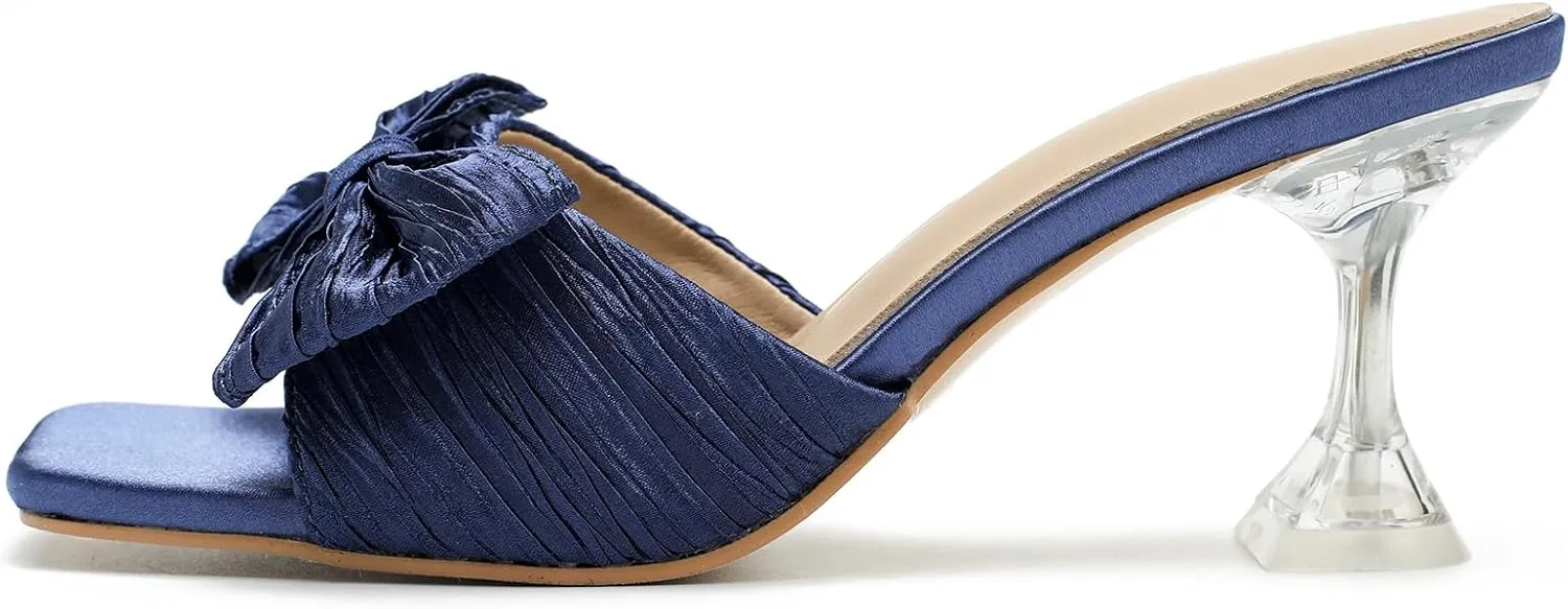 Women's Bowknot Heeled Sandals Square Toe Pleated Bow Heels Slippers Stilettos Mules Slip on Wedding Party Dress Shoe
