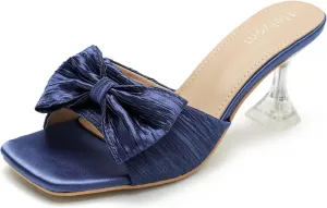 Women's Bowknot Heeled Sandals Square Toe Pleated Bow Heels Slippers Stilettos Mules Slip on Wedding Party Dress Shoe