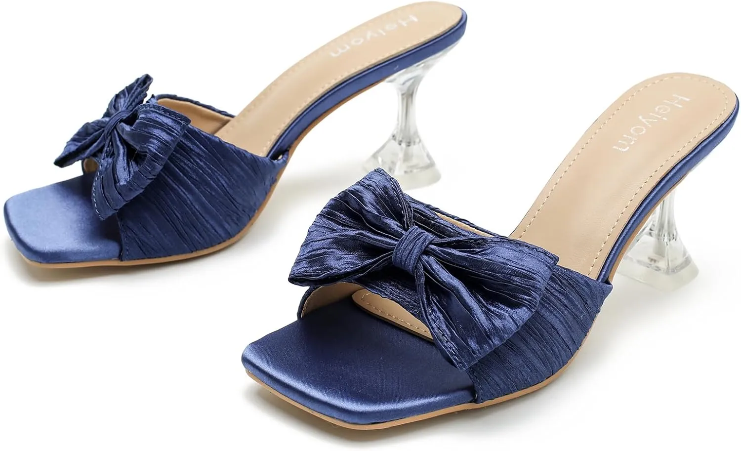 Women's Bowknot Heeled Sandals Square Toe Pleated Bow Heels Slippers Stilettos Mules Slip on Wedding Party Dress Shoe