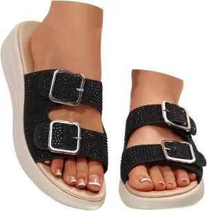 Womens Cork Footbed Slides Sandals Summer Casual Rhinestone Platform Fashionable Espadrille Cork Footbed Slide Sandals Open Toe Adjustable Webbing Walking Beach Indoor Soft Soled Slippers