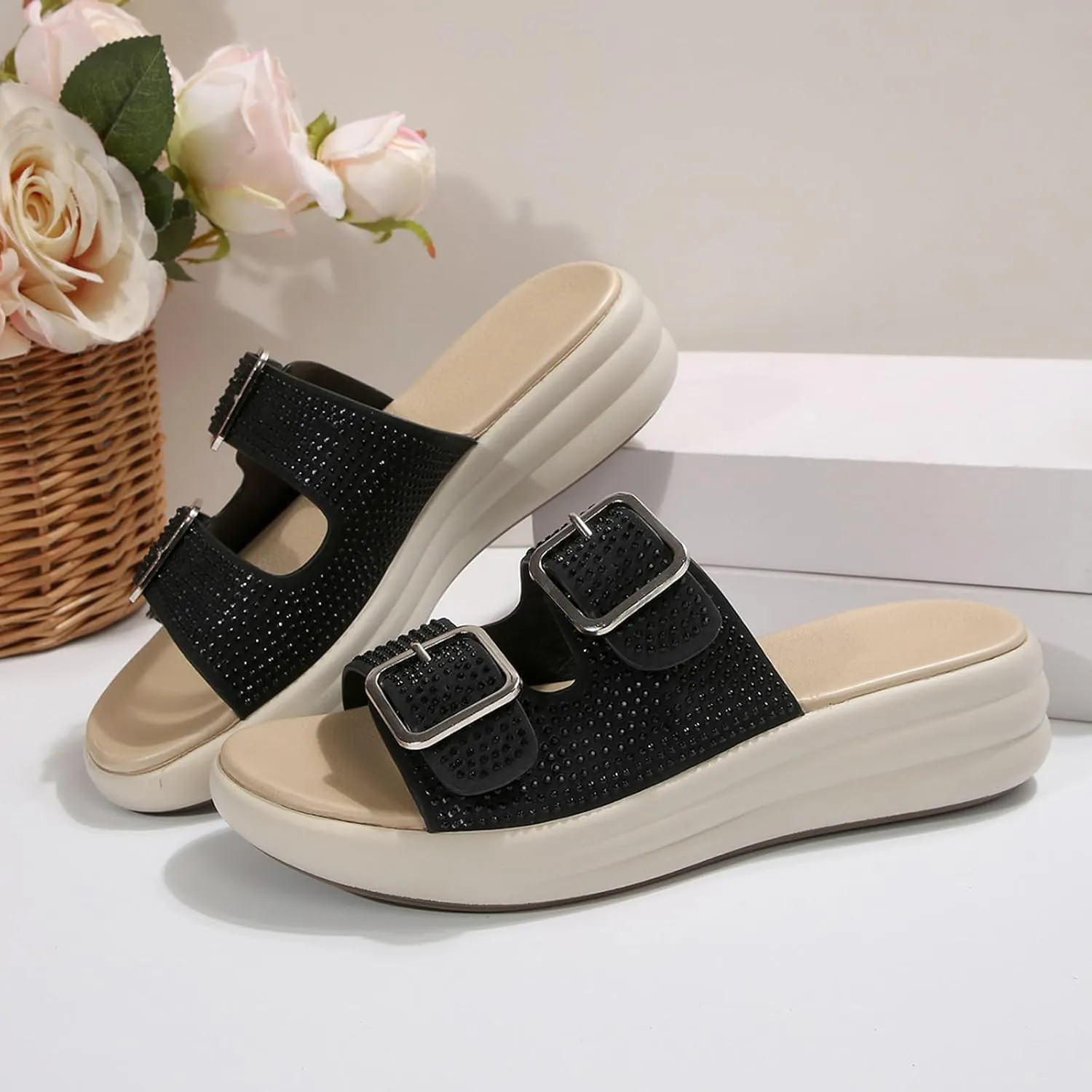 Womens Cork Footbed Slides Sandals Summer Casual Rhinestone Platform Fashionable Espadrille Cork Footbed Slide Sandals Open Toe Adjustable Webbing Walking Beach Indoor Soft Soled Slippers