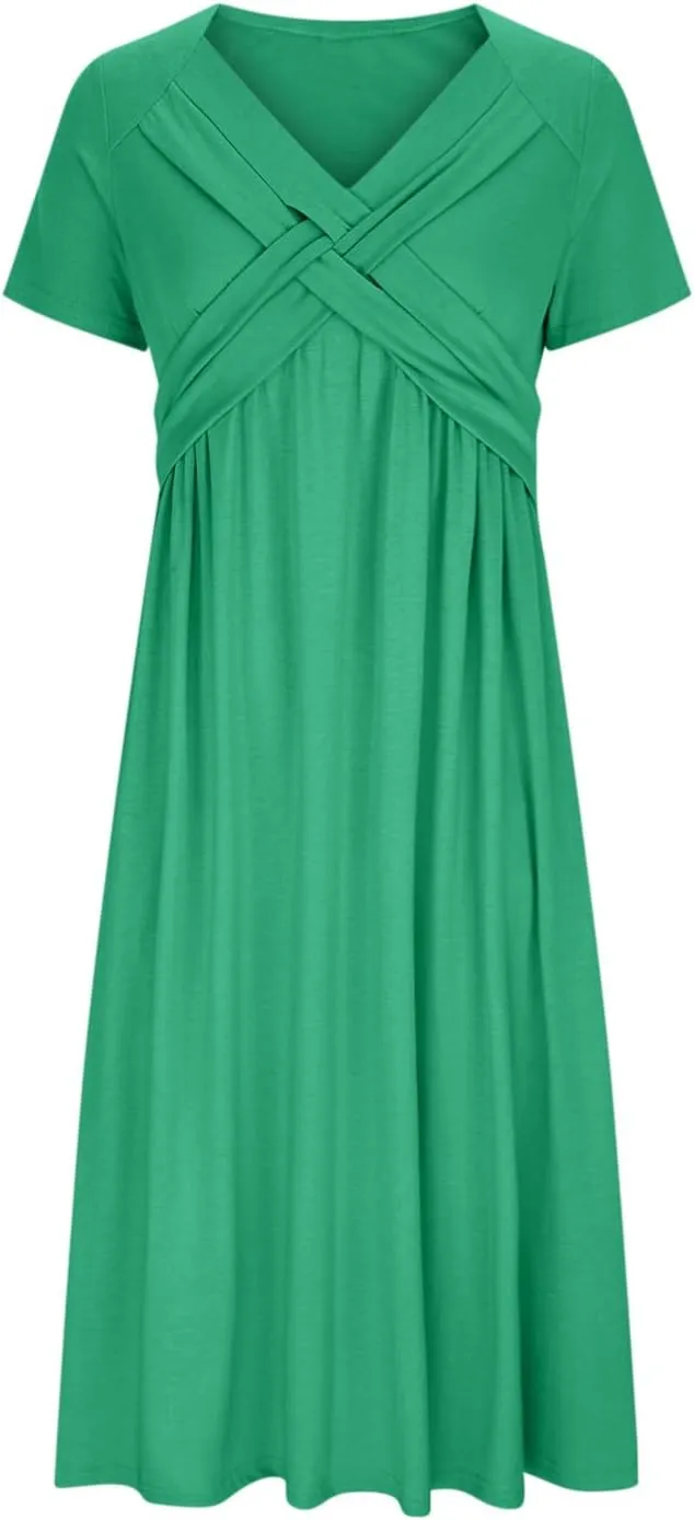 Womens Fashion Summer Dresses Casual Solid Color Crisscross Pleated Short Sleeve Beach Dress V-Neck Vacation Clothes