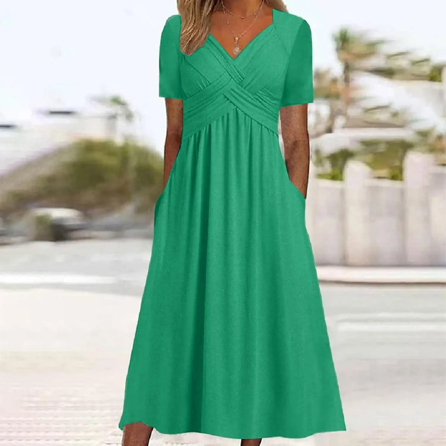 Womens Fashion Summer Dresses Casual Solid Color Crisscross Pleated Short Sleeve Beach Dress V-Neck Vacation Clothes