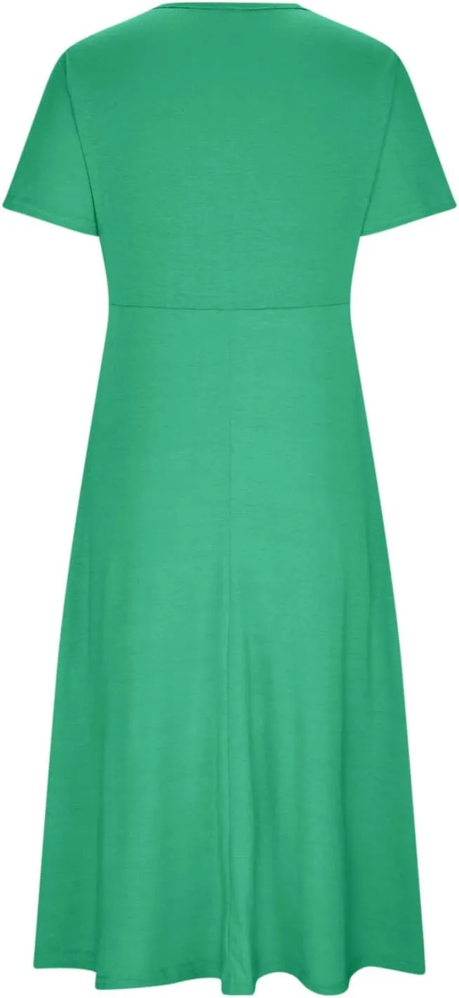 Womens Fashion Summer Dresses Casual Solid Color Crisscross Pleated Short Sleeve Beach Dress V-Neck Vacation Clothes