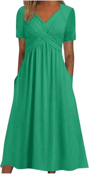 Womens Fashion Summer Dresses Casual Solid Color Crisscross Pleated Short Sleeve Beach Dress V-Neck Vacation Clothes
