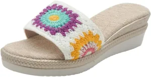 Women's Floral Crochet Platform Slide Sandals Comfortable One Band Espadrille Platform Sandals with Rivets Thick Insole Slip on Platform Slides