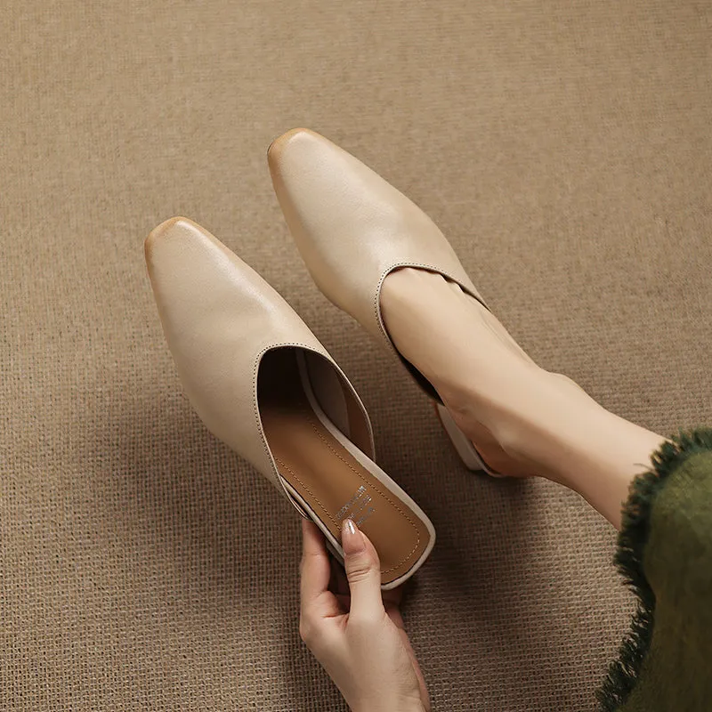 Women's Handmade Leather V-cut Flat Comfort Mule Shoes