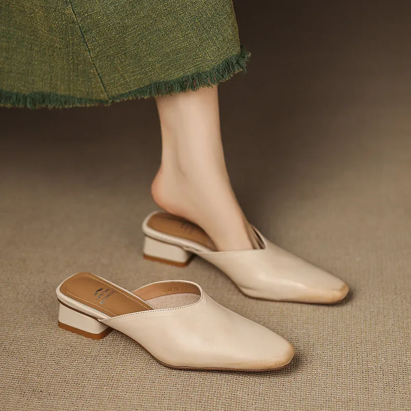 Women's Handmade Leather V-cut Flat Comfort Mule Shoes
