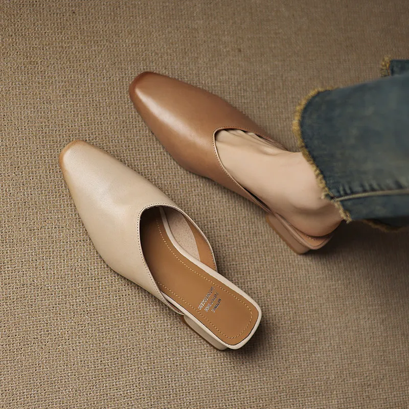 Women's Handmade Leather V-cut Flat Comfort Mule Shoes