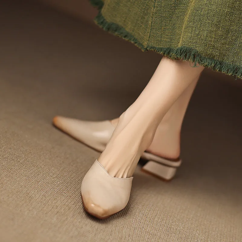Women's Handmade Leather V-cut Flat Comfort Mule Shoes