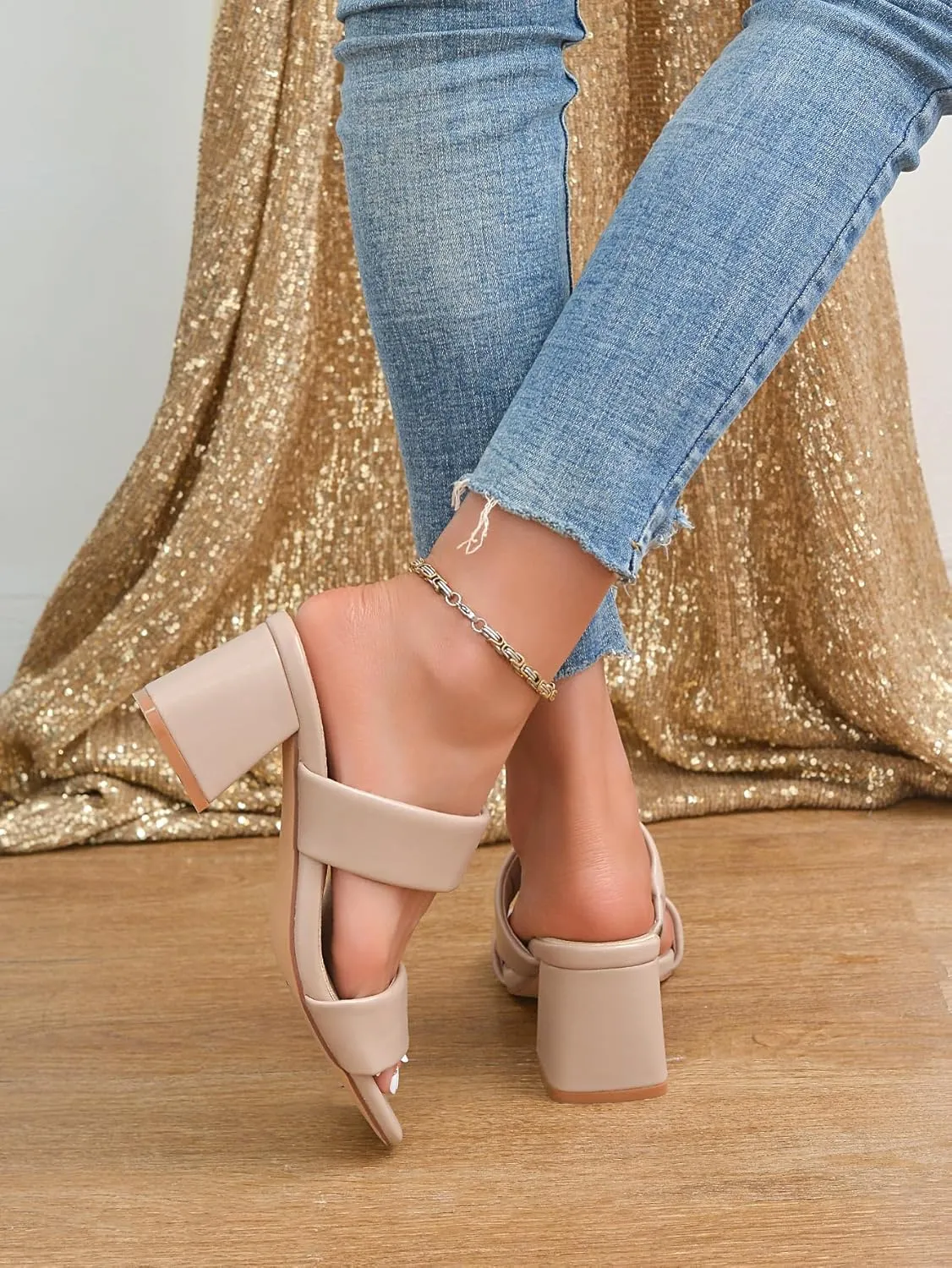 Women's Heeled Sandals Square Open Toe Two Strap Block Chunky Heels for Women Slip On Mules Sandals Black Nude White Strappy Heels for Women Dressy Wedding Party