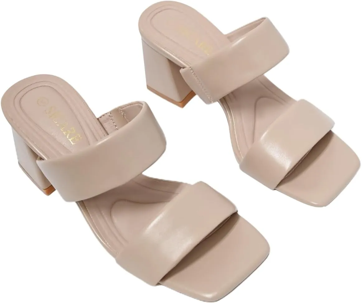 Women's Heeled Sandals Square Open Toe Two Strap Block Chunky Heels for Women Slip On Mules Sandals Black Nude White Strappy Heels for Women Dressy Wedding Party