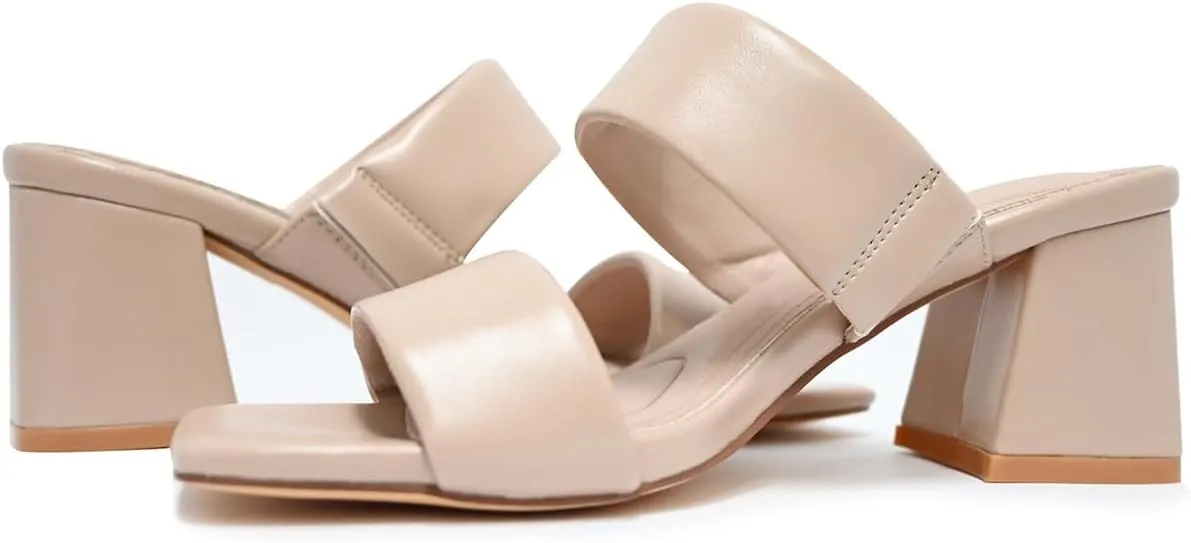 Women's Heeled Sandals Square Open Toe Two Strap Block Chunky Heels for Women Slip On Mules Sandals Black Nude White Strappy Heels for Women Dressy Wedding Party