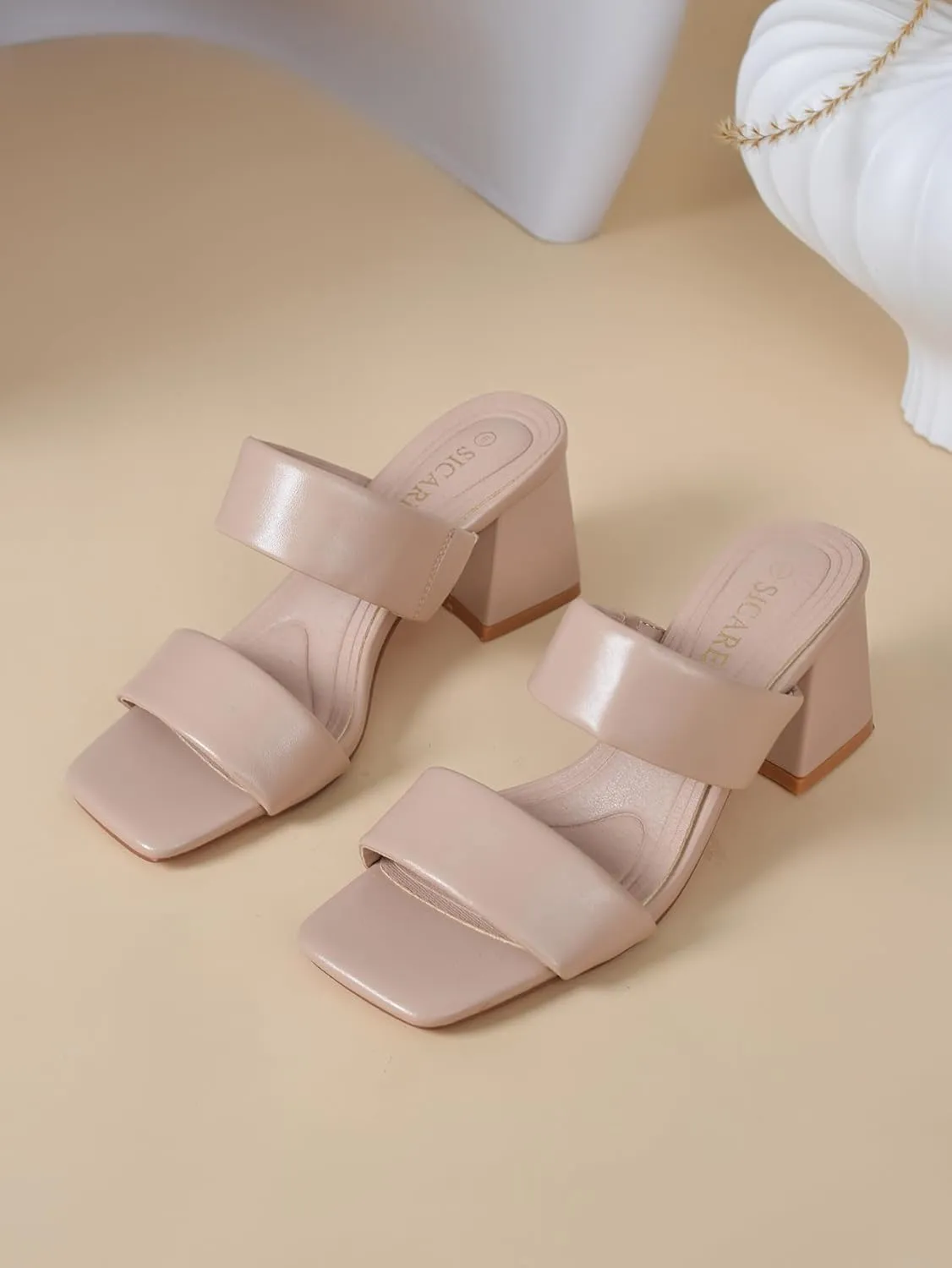 Women's Heeled Sandals Square Open Toe Two Strap Block Chunky Heels for Women Slip On Mules Sandals Black Nude White Strappy Heels for Women Dressy Wedding Party