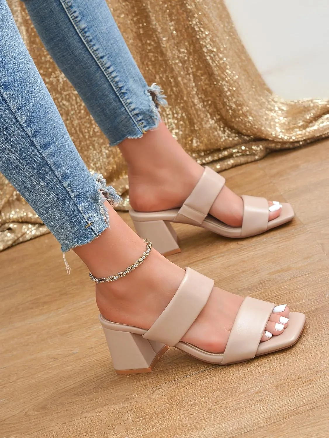 Women's Heeled Sandals Square Open Toe Two Strap Block Chunky Heels for Women Slip On Mules Sandals Black Nude White Strappy Heels for Women Dressy Wedding Party