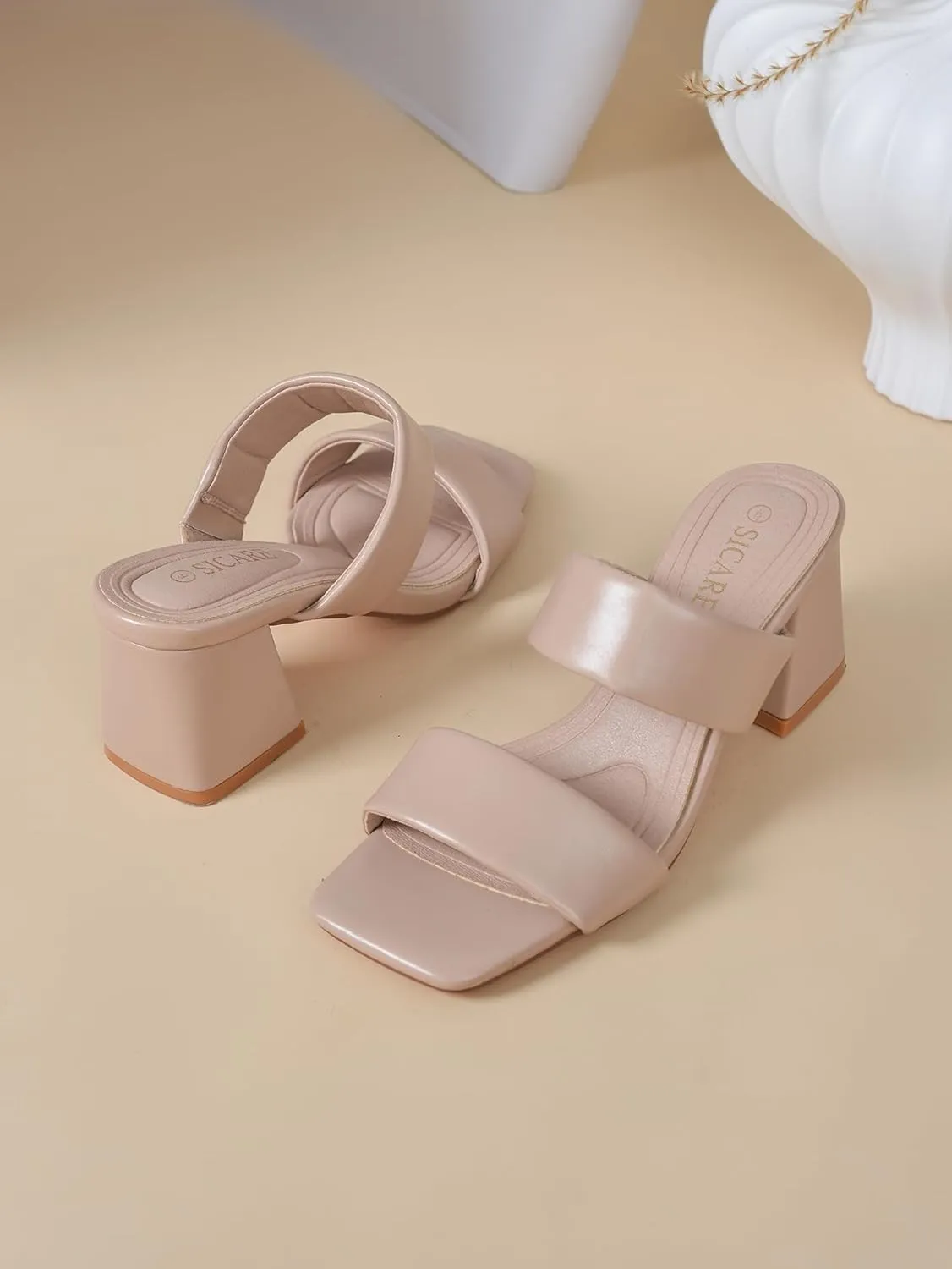 Women's Heeled Sandals Square Open Toe Two Strap Block Chunky Heels for Women Slip On Mules Sandals Black Nude White Strappy Heels for Women Dressy Wedding Party