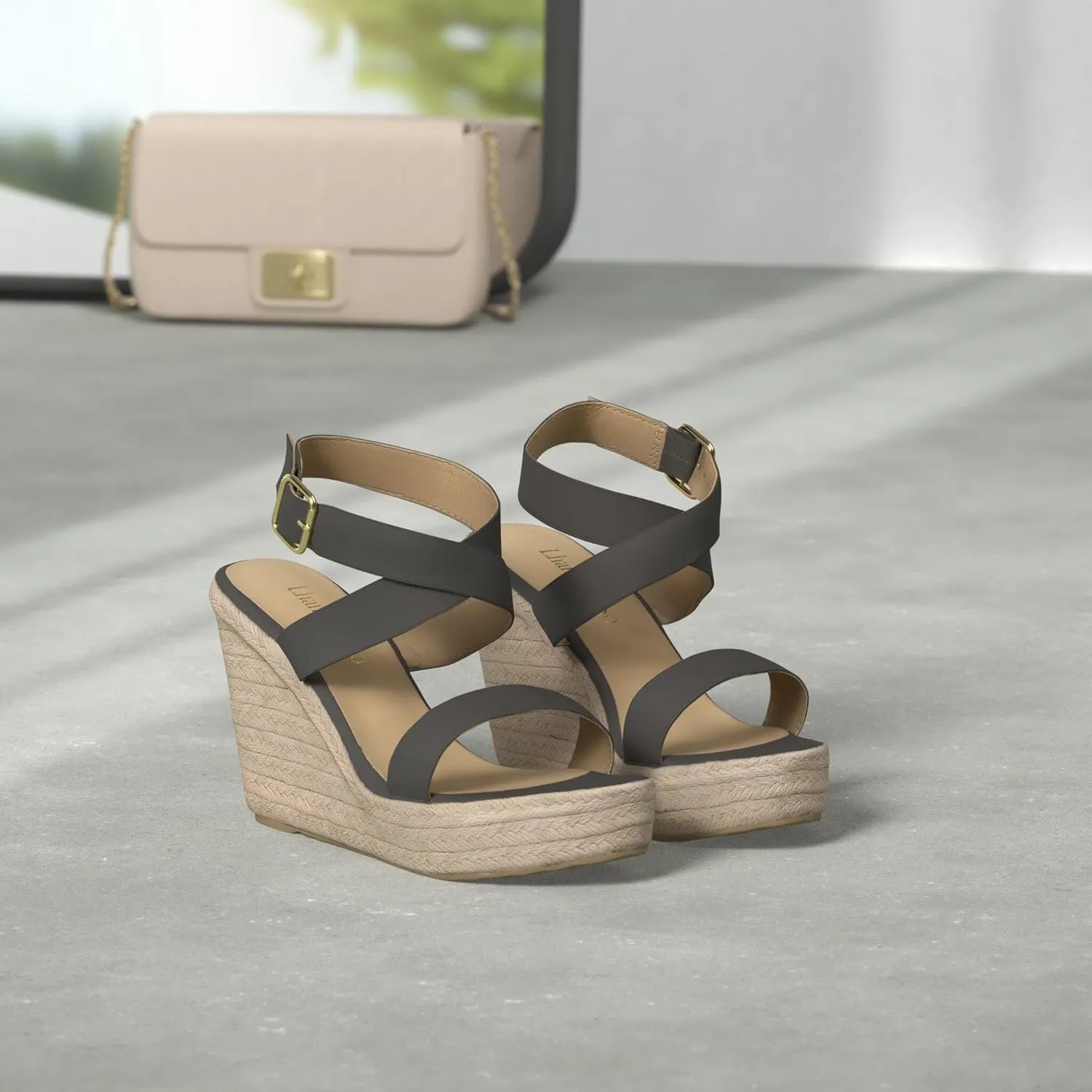 Women's High Heel Platform Espadrille Wedge Sandals Open Toe With Faux Leather Upper Cross Ankle Adjustable Buckle Strap Non Slip Soles