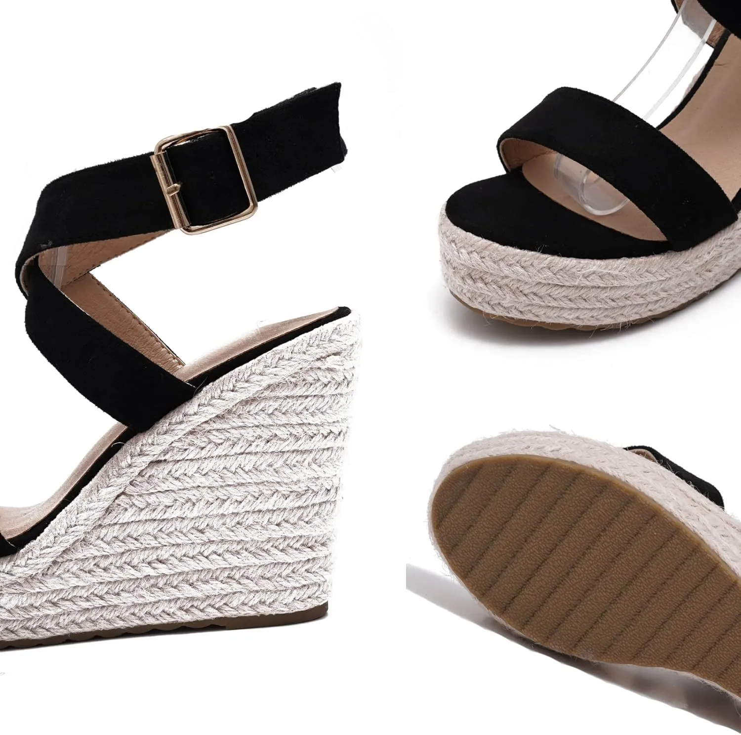 Women's High Heel Platform Espadrille Wedge Sandals Open Toe With Faux Leather Upper Cross Ankle Adjustable Buckle Strap Non Slip Soles
