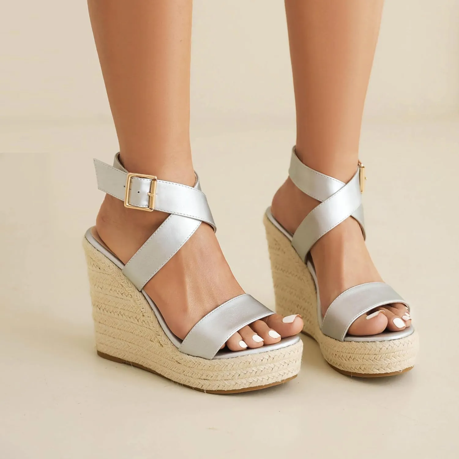 Women's High Heel Platform Espadrille Wedge Sandals Open Toe With Faux Leather Upper Cross Ankle Adjustable Buckle Strap Non Slip Soles