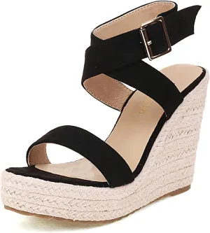 Women's High Heel Platform Espadrille Wedge Sandals Open Toe With Faux Leather Upper Cross Ankle Adjustable Buckle Strap Non Slip Soles