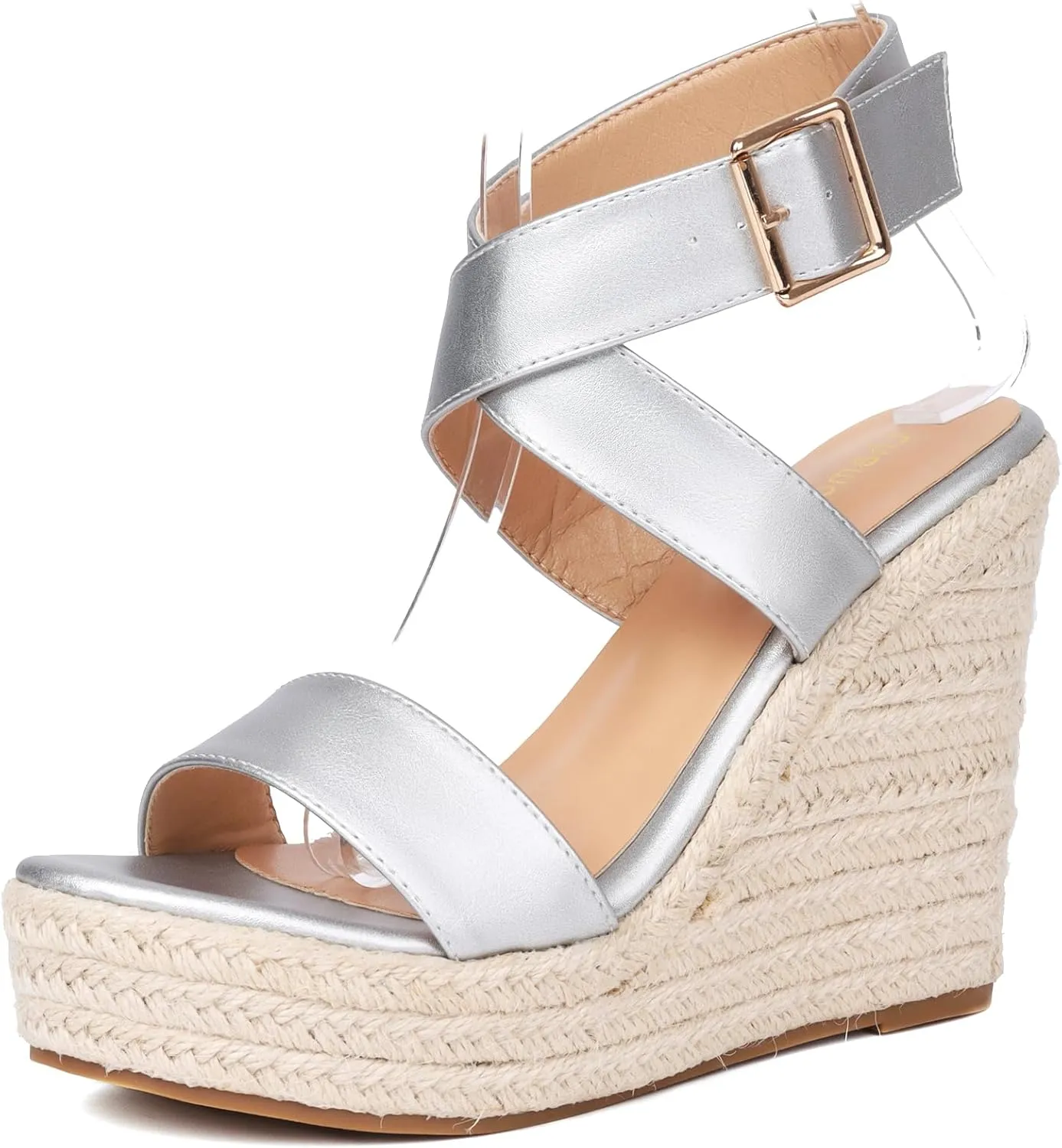 Women's High Heel Platform Espadrille Wedge Sandals Open Toe With Faux Leather Upper Cross Ankle Adjustable Buckle Strap Non Slip Soles