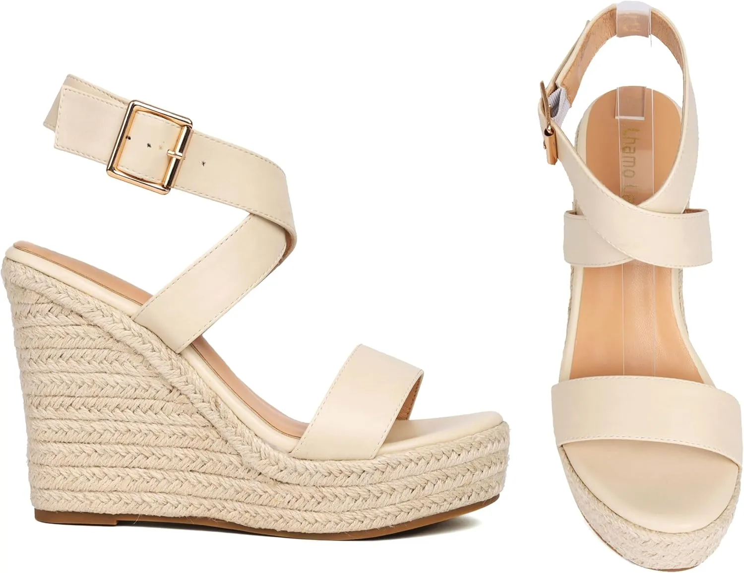 Women's High Heel Platform Espadrille Wedge Sandals Open Toe With Faux Leather Upper Cross Ankle Adjustable Buckle Strap Non Slip Soles