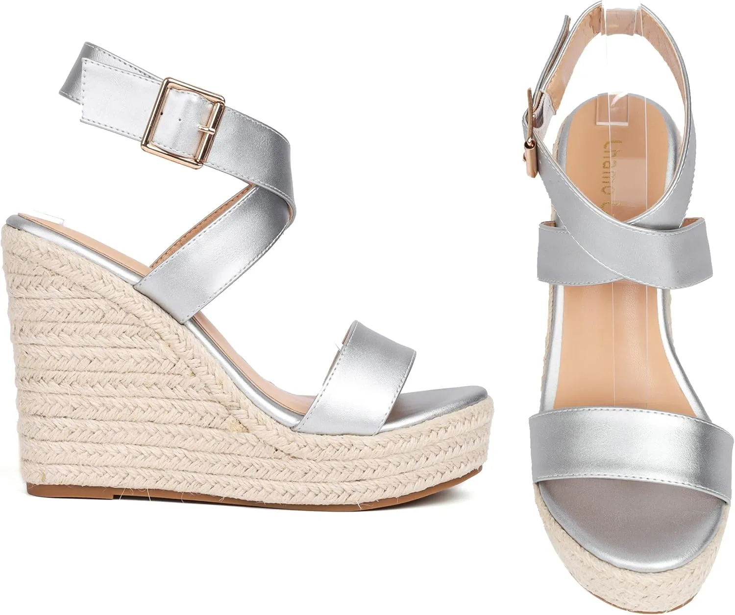 Women's High Heel Platform Espadrille Wedge Sandals Open Toe With Faux Leather Upper Cross Ankle Adjustable Buckle Strap Non Slip Soles