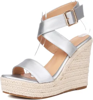 Women's High Heel Platform Espadrille Wedge Sandals Open Toe With Faux Leather Upper Cross Ankle Adjustable Buckle Strap Non Slip Soles