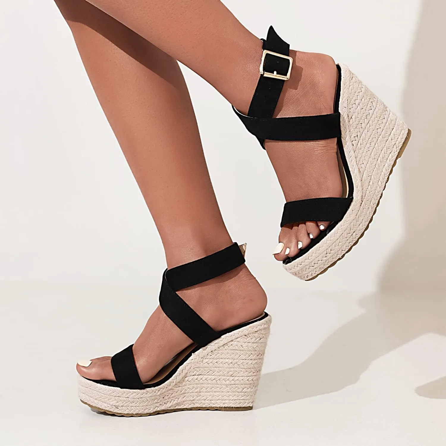 Women's High Heel Platform Espadrille Wedge Sandals Open Toe With Faux Leather Upper Cross Ankle Adjustable Buckle Strap Non Slip Soles