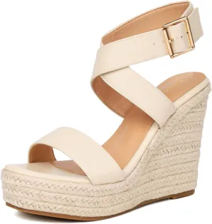Women's High Heel Platform Espadrille Wedge Sandals Open Toe With Faux Leather Upper Cross Ankle Adjustable Buckle Strap Non Slip Soles