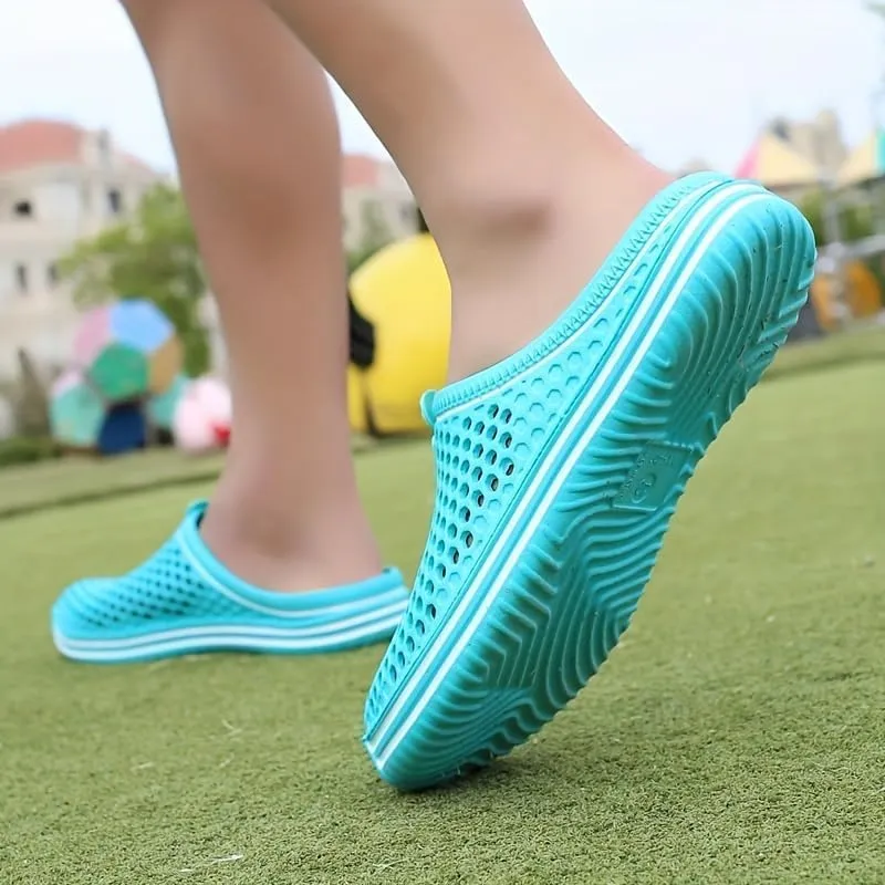 Women's Hollow Out Flat Clogs, Closed Toe Breathable Non Slip Garden Mules, Casual Beach Slide Shoes