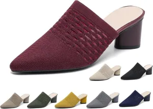 Women’s Knit Closed Pointed Toe Chunky Heel Mules Fashion Mesh Breathable Slingback Slip-on Pumps Sandals