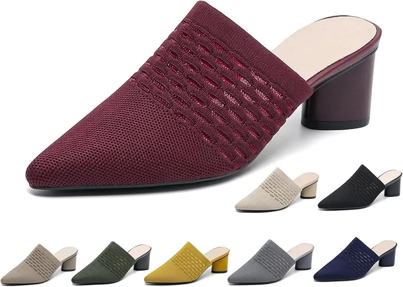 Women’s Knit Closed Pointed Toe Chunky Heel Mules Fashion Mesh Breathable Slingback Slip-on Pumps Sandals