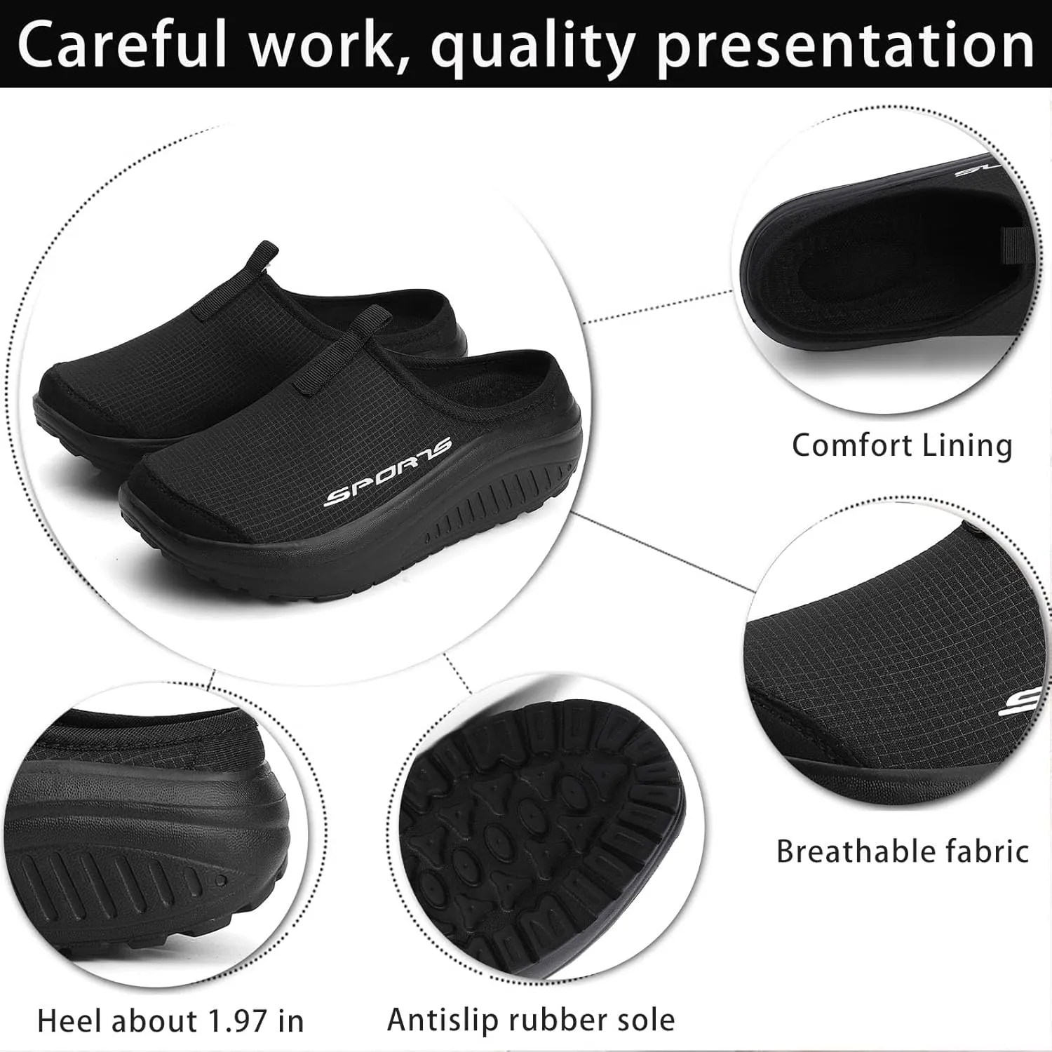 Women's Knitting Platform Slip-On Mule Walking Shoes with Arch-Support Comfort Round Toe Wedge Soft Sole Mesh Open Back Clog Rocking Shoes Lightweight Indoor Outdoor House Slippers