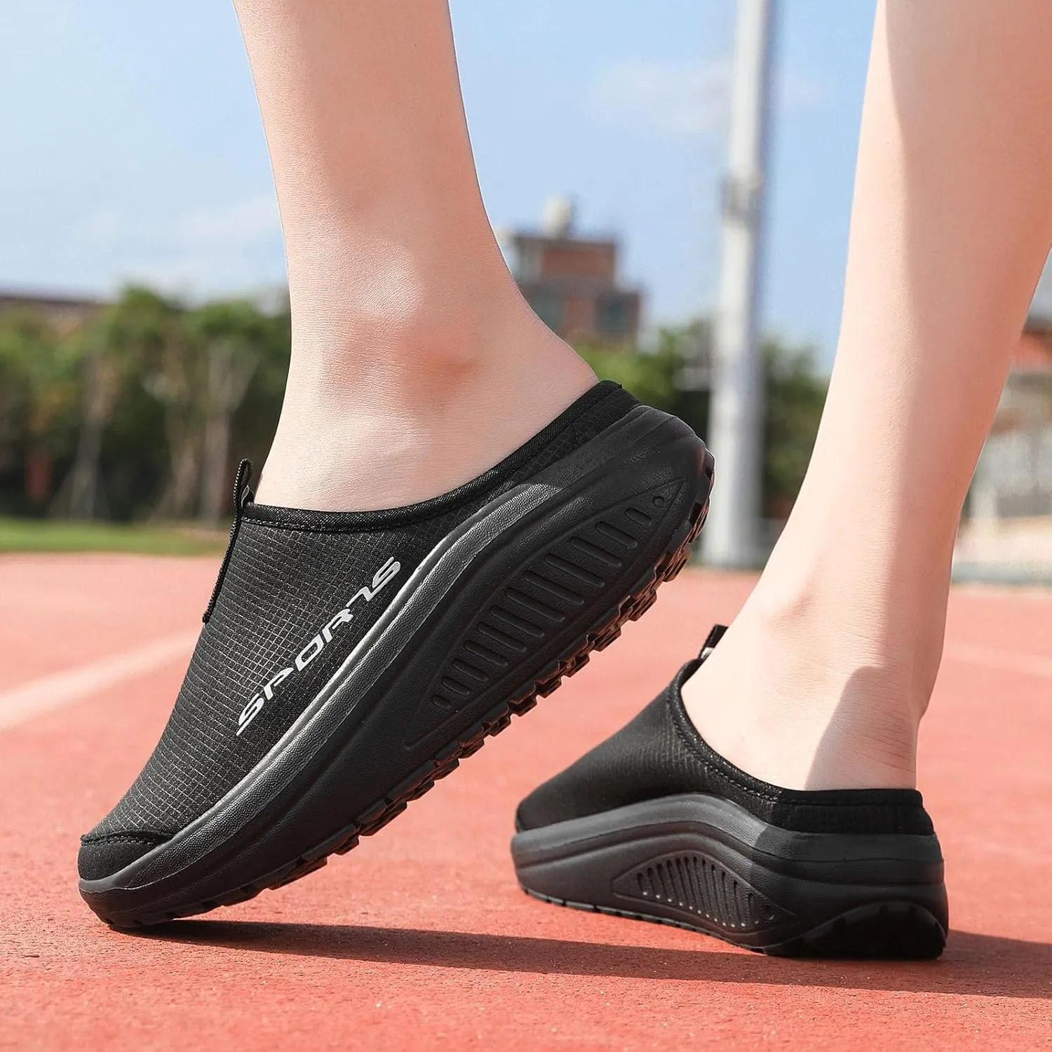 Women's Knitting Platform Slip-On Mule Walking Shoes with Arch-Support Comfort Round Toe Wedge Soft Sole Mesh Open Back Clog Rocking Shoes Lightweight Indoor Outdoor House Slippers