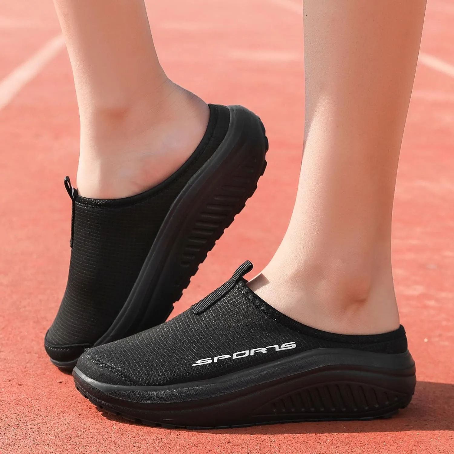 Women's Knitting Platform Slip-On Mule Walking Shoes with Arch-Support Comfort Round Toe Wedge Soft Sole Mesh Open Back Clog Rocking Shoes Lightweight Indoor Outdoor House Slippers
