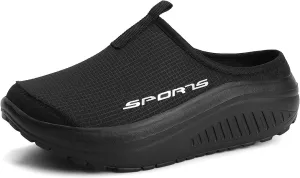 Women's Knitting Platform Slip-On Mule Walking Shoes with Arch-Support Comfort Round Toe Wedge Soft Sole Mesh Open Back Clog Rocking Shoes Lightweight Indoor Outdoor House Slippers