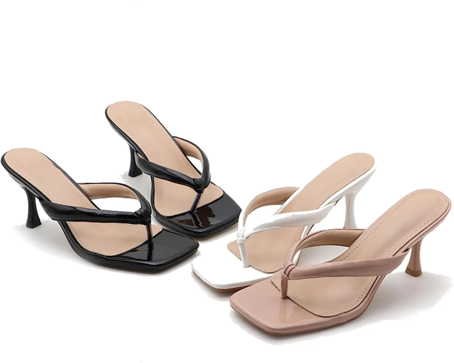 Women's Open Square Toe Kitten Heels Thong Sandals Lightweight Non Slip Comfortable Slip-On Dress Heels Sandals for Party Vacation Summer Sandals
