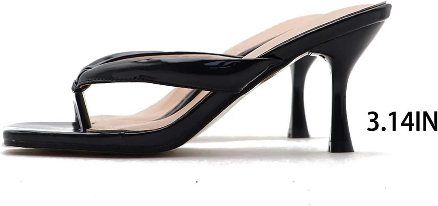 Women's Open Square Toe Kitten Heels Thong Sandals Lightweight Non Slip Comfortable Slip-On Dress Heels Sandals for Party Vacation Summer Sandals