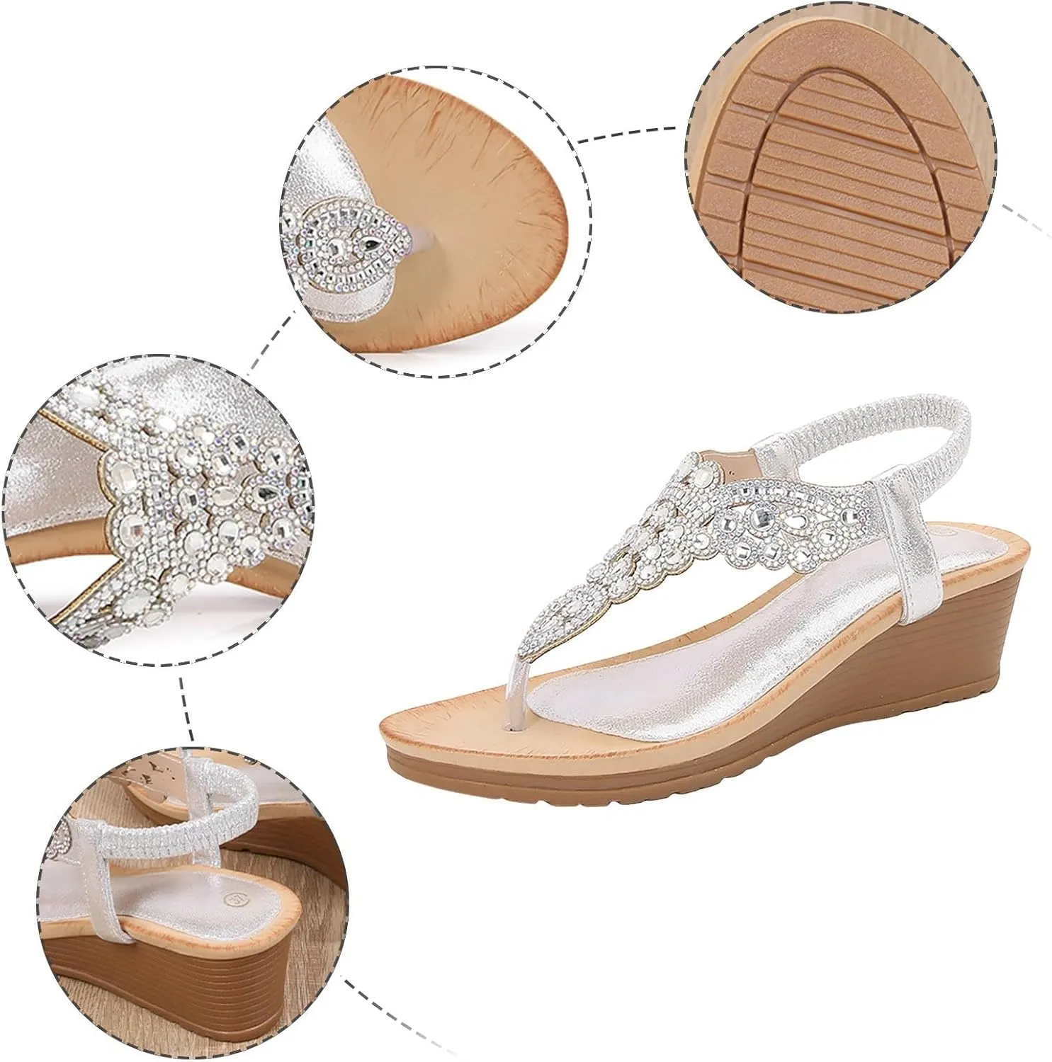 Womens Sandals 2025 Low Wedge Fashion Heels Rhinestone Trendy Flower Shoes Buckle Bohemian Open Toe Sandals Dressy Pearl Crystal Flat Sandal Elastic Ankle Strap Shoes 2025