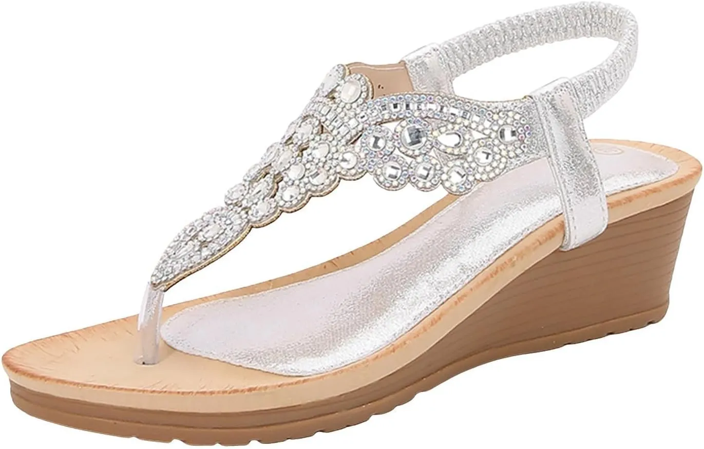 Womens Sandals 2025 Low Wedge Fashion Heels Rhinestone Trendy Flower Shoes Buckle Bohemian Open Toe Sandals Dressy Pearl Crystal Flat Sandal Elastic Ankle Strap Shoes 2025