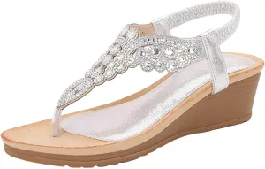Womens Sandals 2025 Low Wedge Fashion Heels Rhinestone Trendy Flower Shoes Buckle Bohemian Open Toe Sandals Dressy Pearl Crystal Flat Sandal Elastic Ankle Strap Shoes 2025
