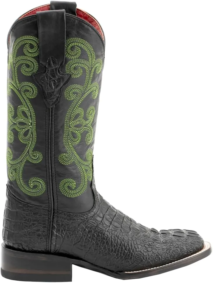Womens Stampede Crocodile Embroidered Square Toe Dress Boots Mid Calf Low Heel 1-2" - Black