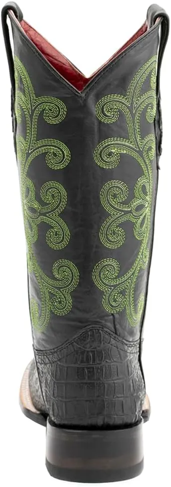 Womens Stampede Crocodile Embroidered Square Toe Dress Boots Mid Calf Low Heel 1-2" - Black