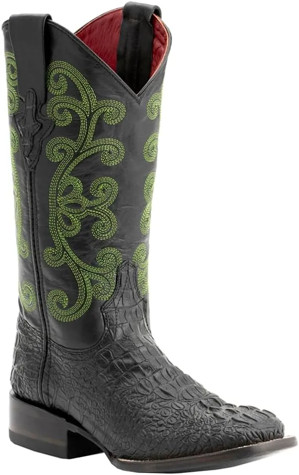 Womens Stampede Crocodile Embroidered Square Toe Dress Boots Mid Calf Low Heel 1-2" - Black