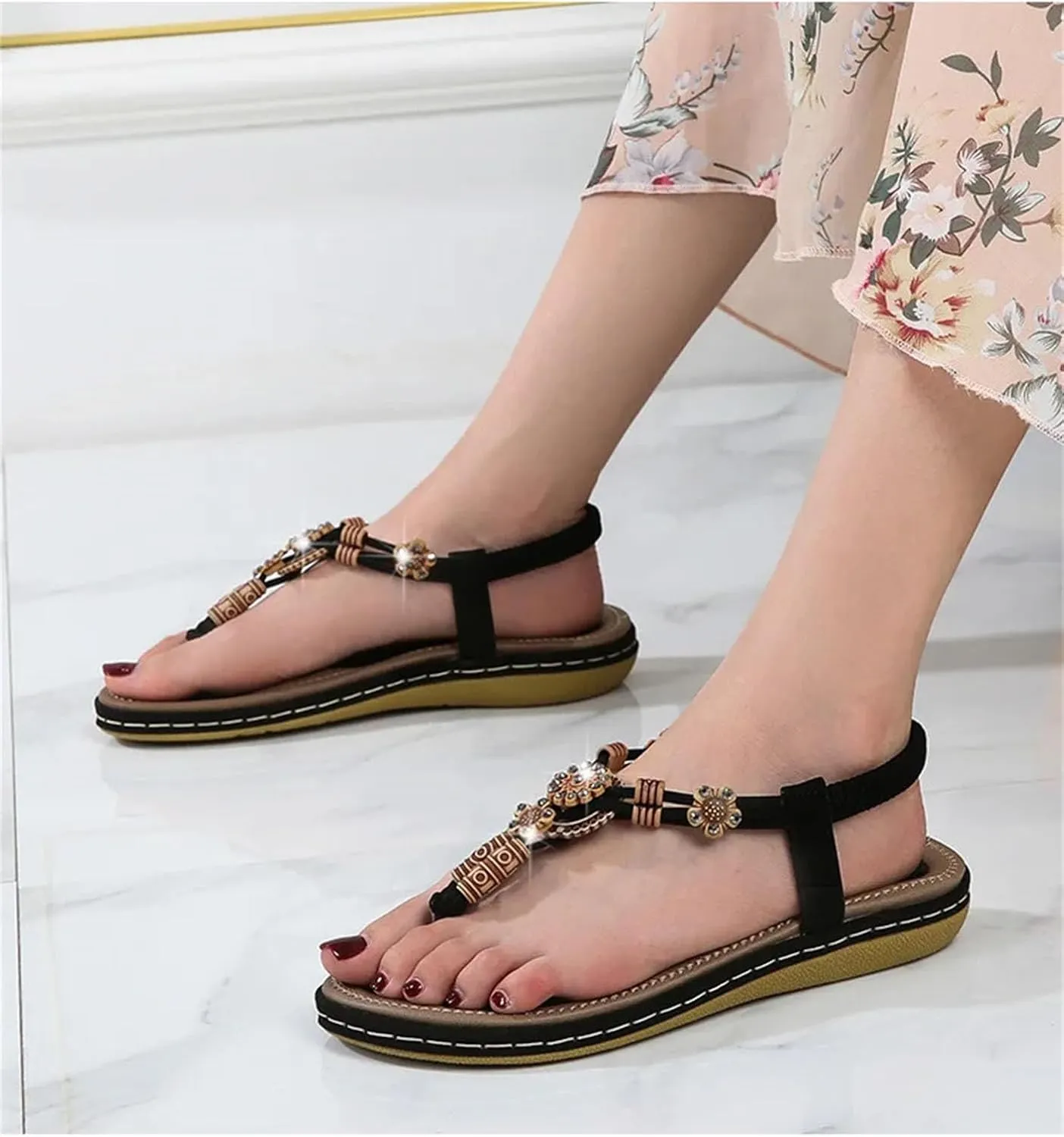 Women's Wood Bead Flip-Flops - Bohemian Summer Beach Roman Style