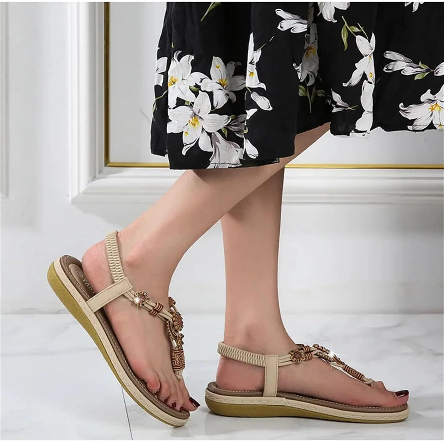 Women's Wood Bead Flip-Flops - Bohemian Summer Beach Roman Style