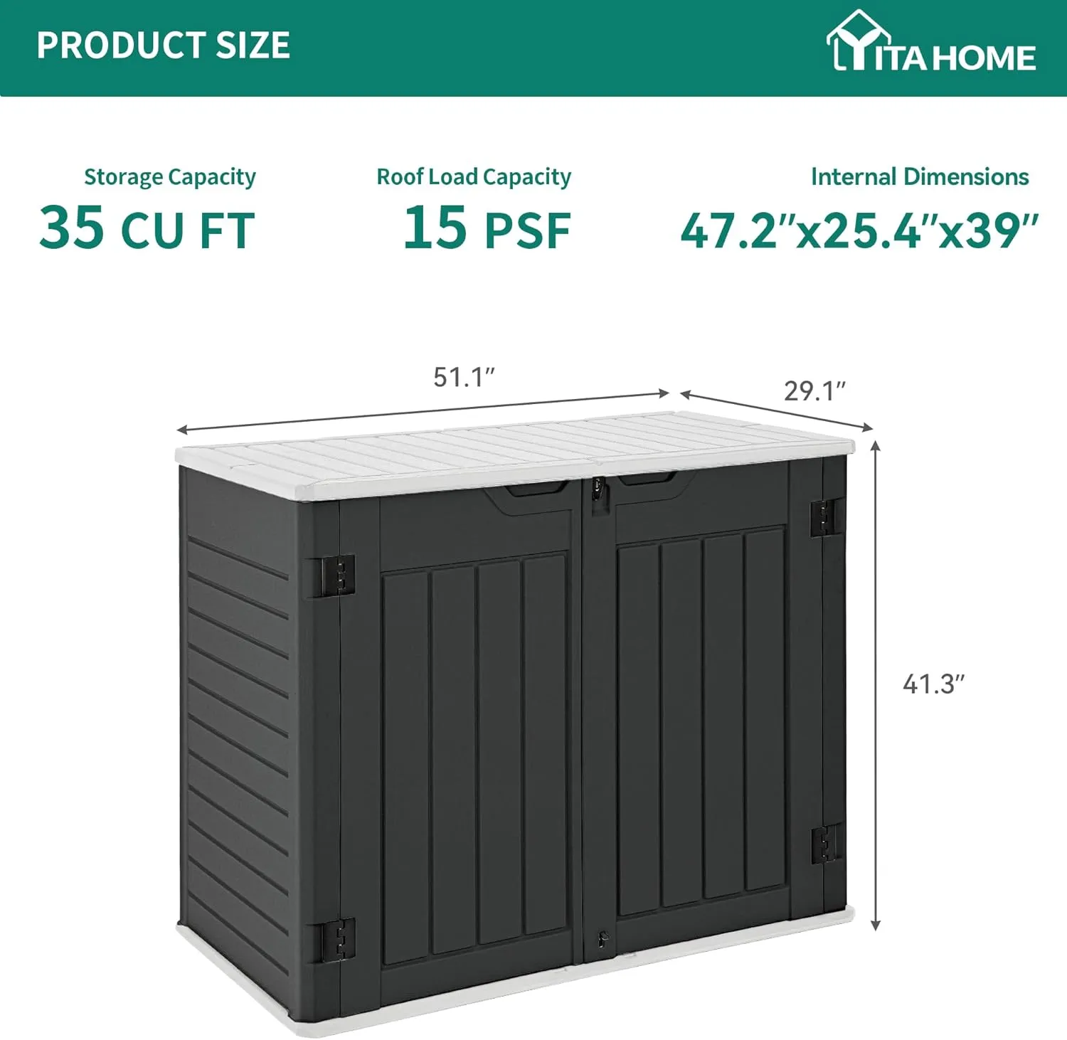 YITAHOME Outdoor Horizontal Storage Sheds w/o Shelf, Weather Resistant Resin Tool Shed, Multi-Opening Door for Storage of Bike, Trash Cans, Garden Tools, 35 cu ft, Waterproof, Lockable, Dark Gray