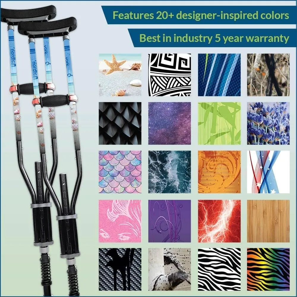York Nordic - Spring Cushion Crutches Perfect for Sports Injuries and Travel - Heights 4'7" to 6'6" - Adjust Down to 22" for Travel