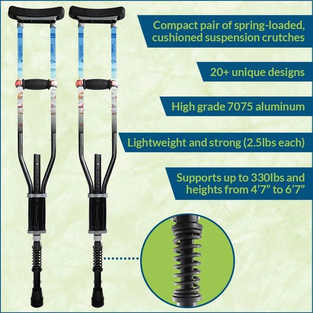 York Nordic - Spring Cushion Crutches Perfect for Sports Injuries and Travel - Heights 4'7" to 6'6" - Adjust Down to 22" for Travel